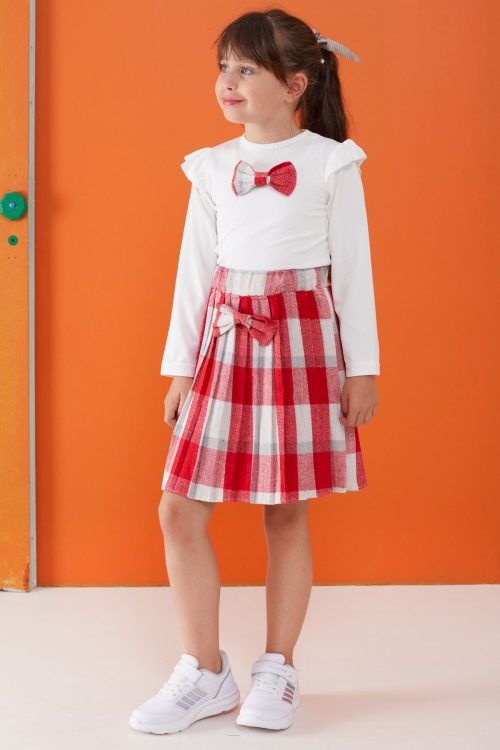 Kırmızı Ekose Etekli Fiyonklu Badili Kız Çocuk Elbise Takımı 5-9 Yaş 17735