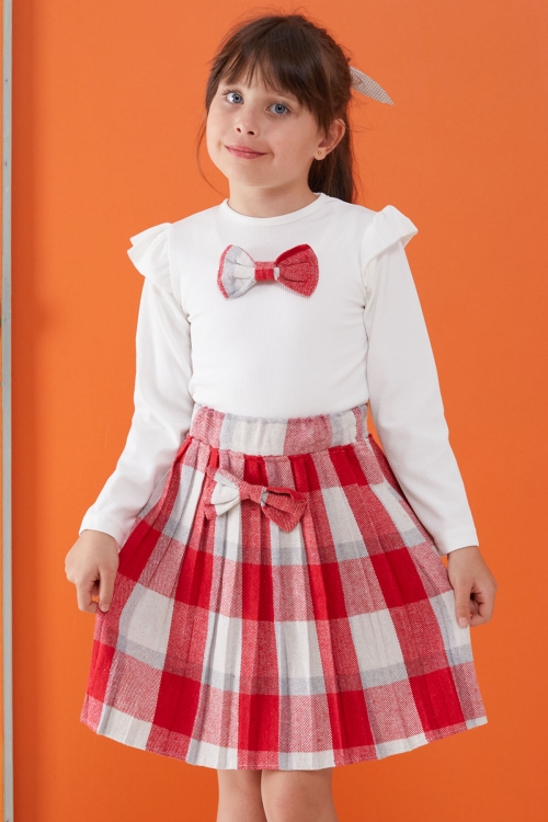 Kırmızı Ekose Etekli Fiyonklu Badili Kız Çocuk Elbise Takımı 5-9 Yaş 17735