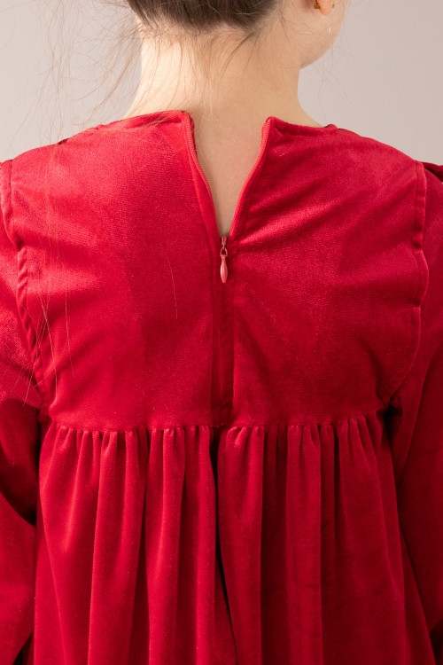 Kırmızı Fırfır Detaylı Uzun Kol Kız Çocuk Kadife Elbise 19812