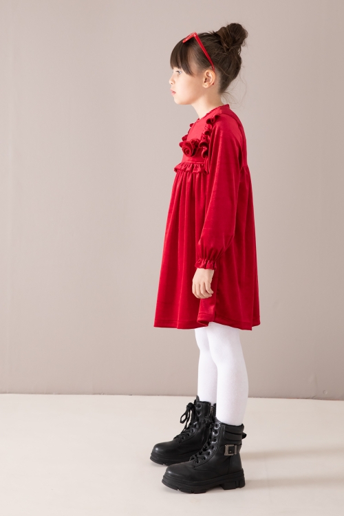 Kırmızı Fırfır Detaylı Uzun Kol Kız Çocuk Kadife Elbise 19812