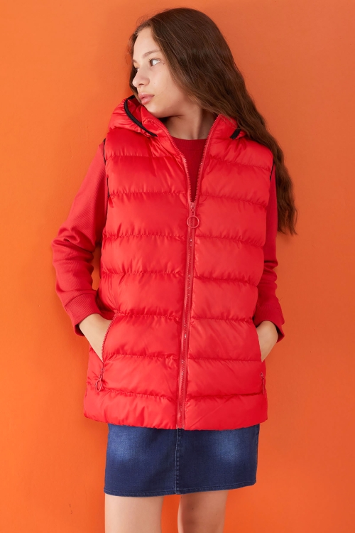 Kırmızı Kapüşonlu Fermuar Cepli Çocuk Şişme Yelek 17531