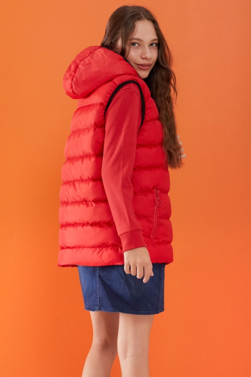 Kırmızı Kapüşonlu Fermuar Cepli Çocuk Şişme Yelek 17531