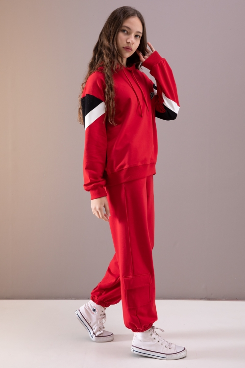 Kırmızı Kargo Cepli Kız Çocuk Logolu İkili Takım 19869