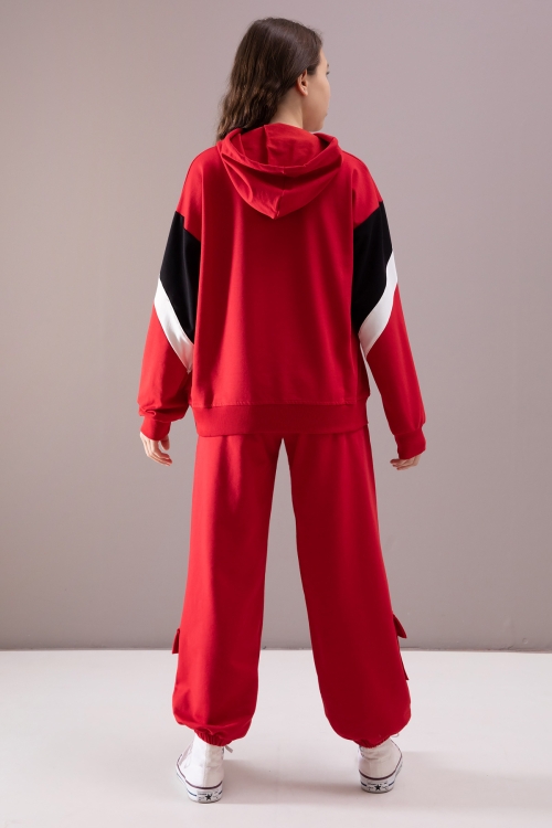 Kırmızı Kargo Cepli Kız Çocuk Logolu İkili Takım 19869