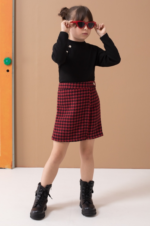 Kırmızı Kazayağı Desenli Şort Etekli Badili Kız Çocuk Takım 19559