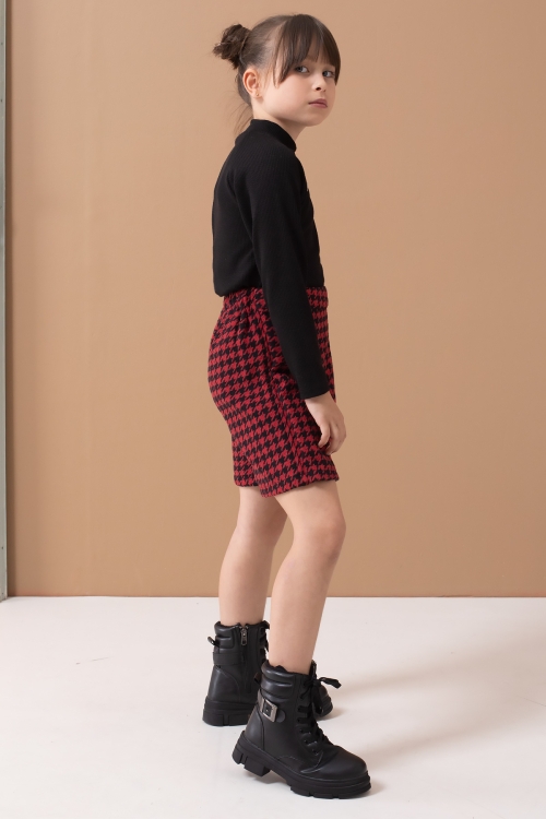 Kırmızı Kazayağı Desenli Şort Etekli Badili Kız Çocuk Takım 19559