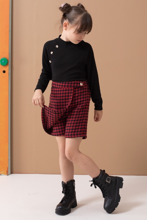 Kırmızı Kazayağı Desenli Şort Etekli Badili Kız Çocuk Takım 19559