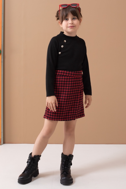 Kırmızı Kazayağı Desenli Şort Etekli Badili Kız Çocuk Takım 19559