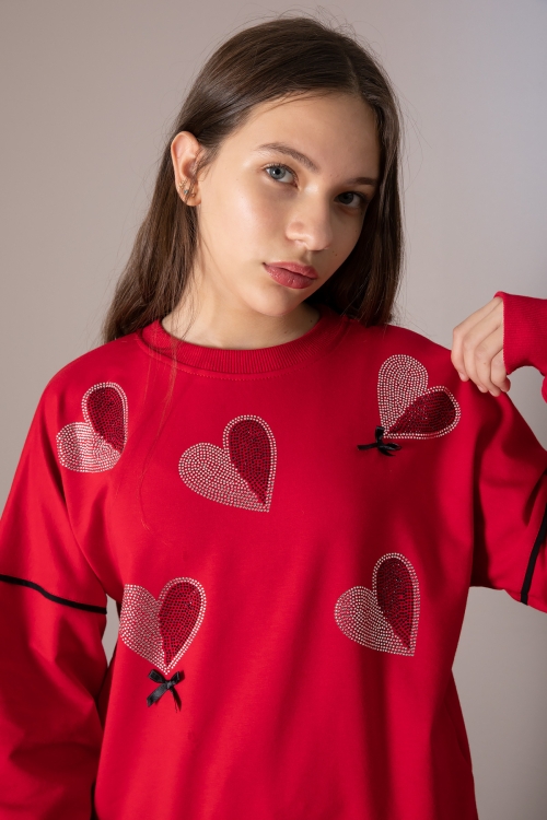 Kırmızı Kız Çocuk Kalp Desenli 2li Takım 19852