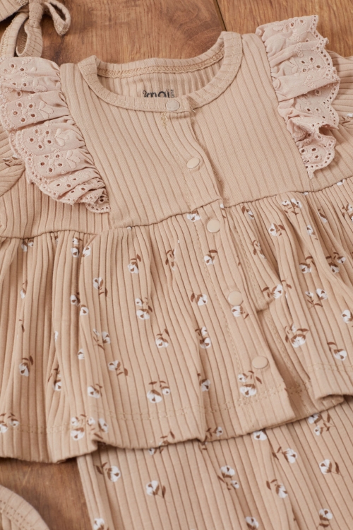 Kız Bebek Kahve Çiçek Desenli Önlüklü 5li Hastane Çıkışı Seti 19479