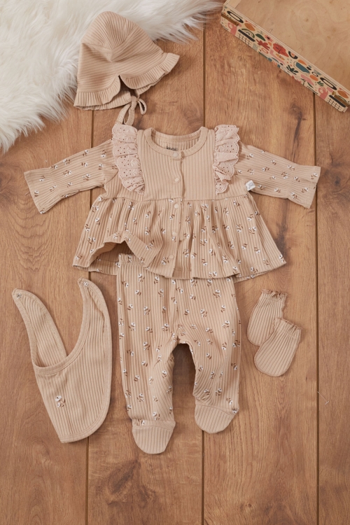 Kız Bebek Kahve Çiçek Desenli Önlüklü 5li Hastane Çıkışı Seti 19479