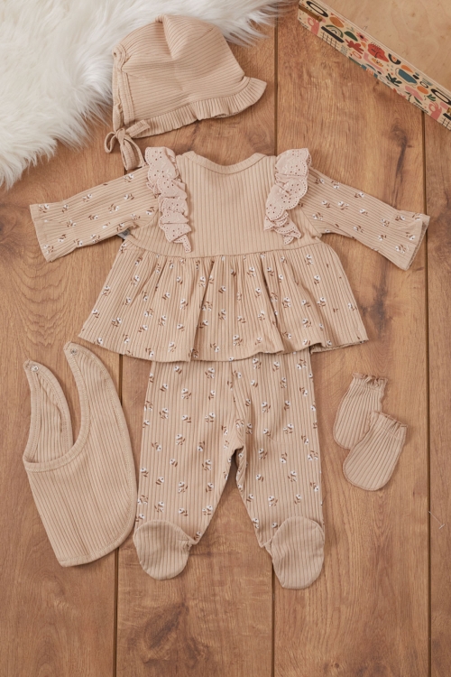 Kız Bebek Kahve Çiçek Desenli Önlüklü 5li Hastane Çıkışı Seti 19479