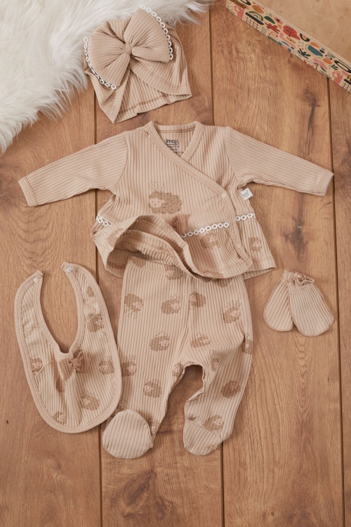 Kız Bebek Kahve Kuzu Desenli Fiyonklu Şapkalı 5li Hastane Çıkışı Seti 19472