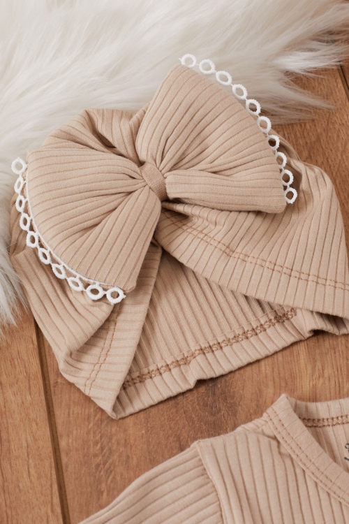 Kız Bebek Kahve Kuzu Desenli Fiyonklu Şapkalı 5li Hastane Çıkışı Seti 19472