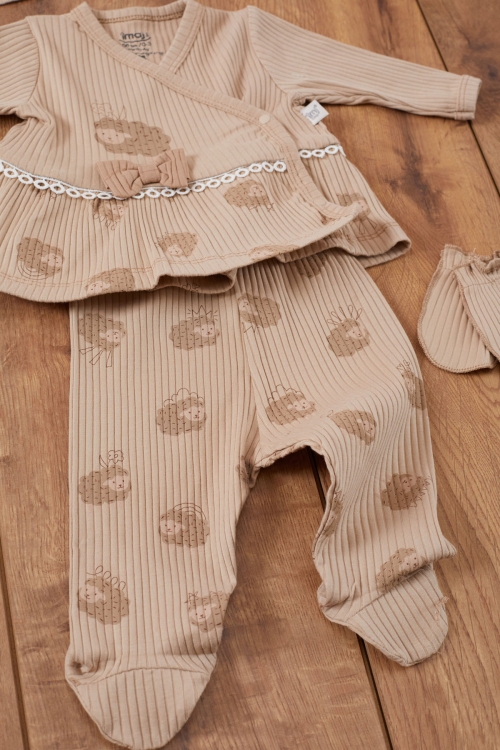 Kız Bebek Kahve Kuzu Desenli Fiyonklu Şapkalı 5li Hastane Çıkışı Seti 19472