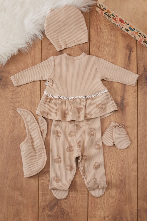 Kız Bebek Kahve Kuzu Desenli Fiyonklu Şapkalı 5li Hastane Çıkışı Seti 19472