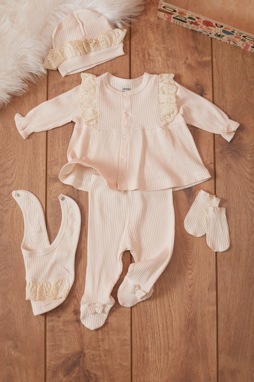 Kız Bebek Krem Fistolu 5li Şapkalı Hastane Çıkışı Seti 19477