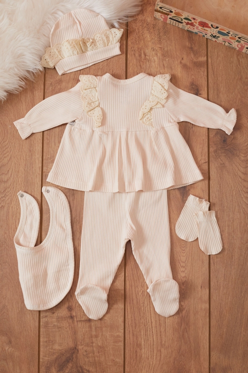 Kız Bebek Krem Fistolu 5li Şapkalı Hastane Çıkışı Seti 19477