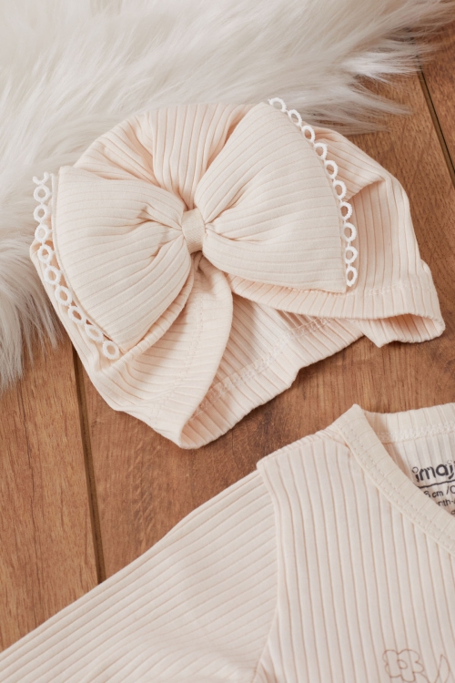 Kız Bebek Krem Kuzu Desenli Fiyonklu Şapkalı 5li Hastane Çıkışı Seti 19471