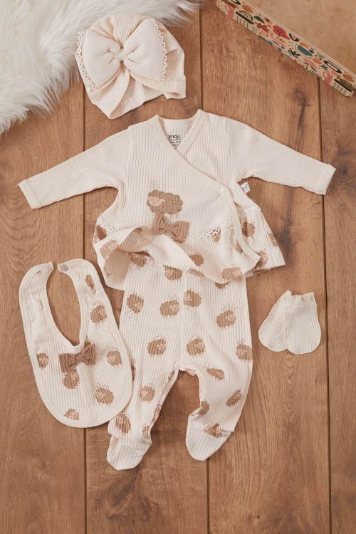 Kız Bebek Krem Kuzu Desenli Fiyonklu Şapkalı 5li Hastane Çıkışı Seti 19471