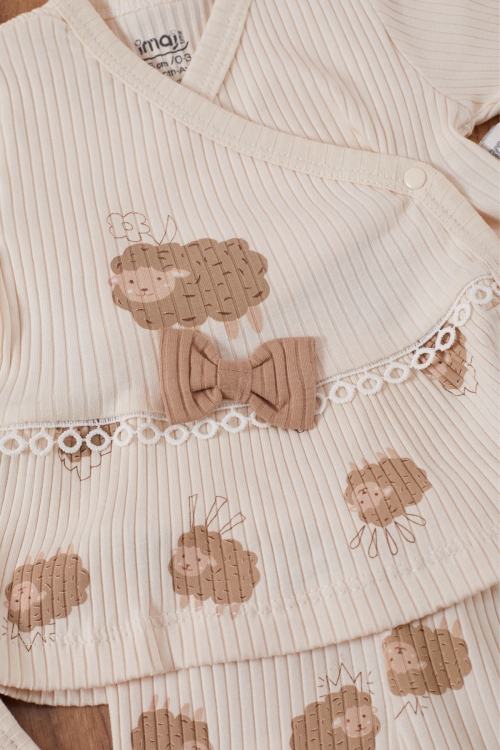 Kız Bebek Krem Kuzu Desenli Fiyonklu Şapkalı 5li Hastane Çıkışı Seti 19471