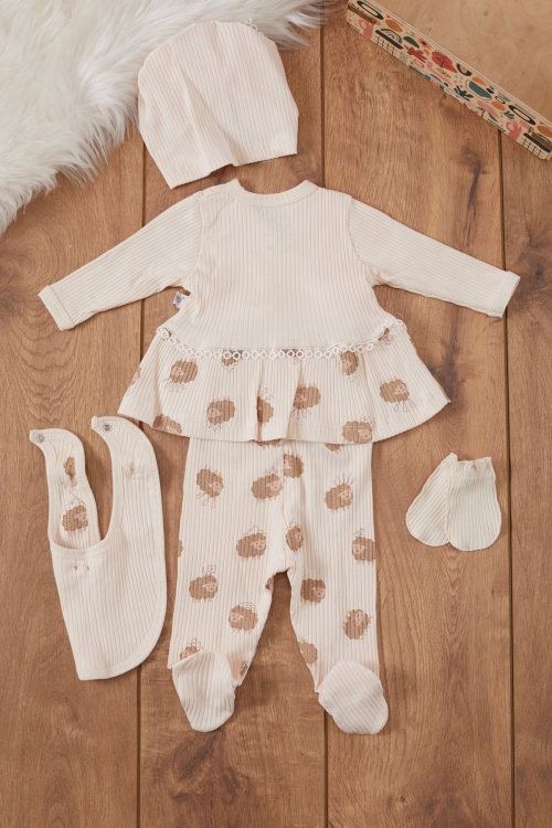 Kız Bebek Krem Kuzu Desenli Fiyonklu Şapkalı 5li Hastane Çıkışı Seti 19471
