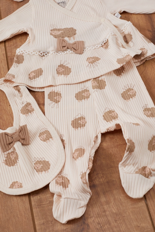 Kız Bebek Krem Kuzu Desenli Fiyonklu Şapkalı 5li Hastane Çıkışı Seti 19471