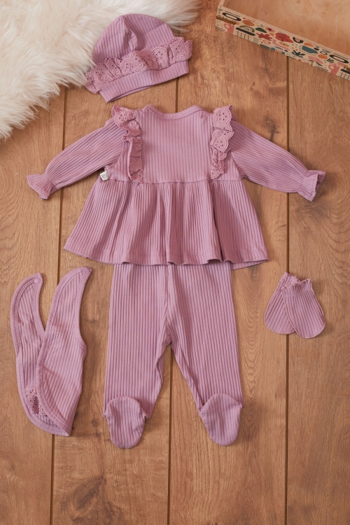 Kız Bebek Lila Fistolu 5li Şapkalı Hastane Çıkışı Seti 19474