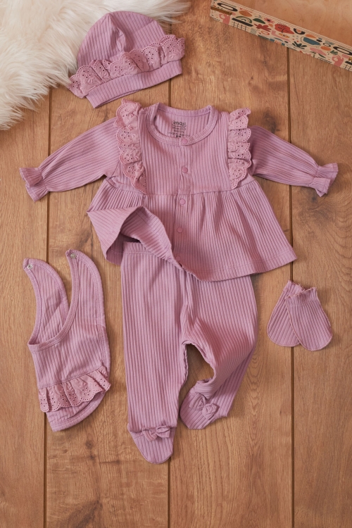 Kız Bebek Lila Fistolu 5li Şapkalı Hastane Çıkışı Seti 19474