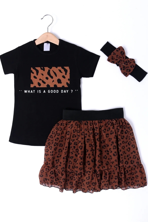 Kız Çocuk Siyah Leoparlı 2-8 Yaş Etekli Takım 4560