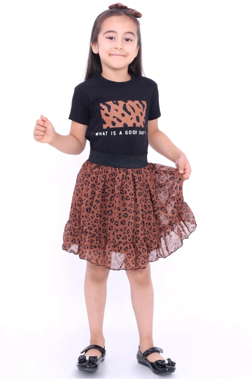 Kız Çocuk Siyah Leoparlı 2-8 Yaş Etekli Takım 4560