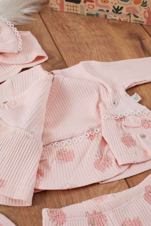 Kız Bebek Pembe Kuzu Desenli Fiyonklu Şapkalı 5li Hastane Çıkışı Seti 19469