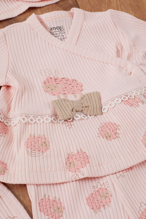 Kız Bebek Pembe Kuzu Desenli Fiyonklu Şapkalı 5li Hastane Çıkışı Seti 19469