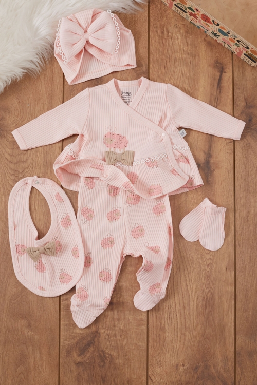Kız Bebek Pembe Kuzu Desenli Fiyonklu Şapkalı 5li Hastane Çıkışı Seti 19469