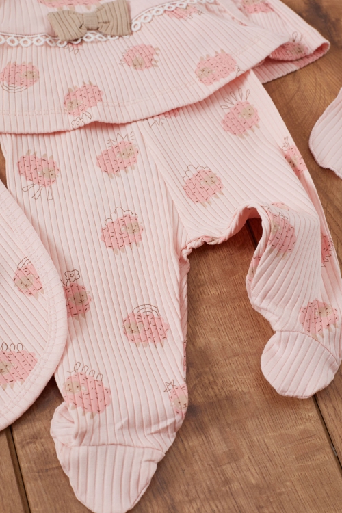 Kız Bebek Pembe Kuzu Desenli Fiyonklu Şapkalı 5li Hastane Çıkışı Seti 19469