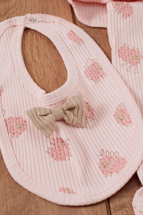 Kız Bebek Pembe Kuzu Desenli Fiyonklu Şapkalı 5li Hastane Çıkışı Seti 19469