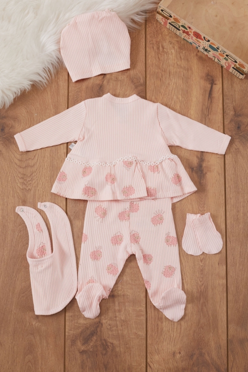 Kız Bebek Pembe Kuzu Desenli Fiyonklu Şapkalı 5li Hastane Çıkışı Seti 19469