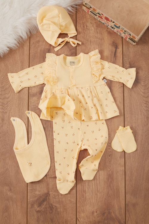 Kız Bebek Sarı Çiçek Desenli Önlüklü 5li Hastane Çıkışı Seti 19481