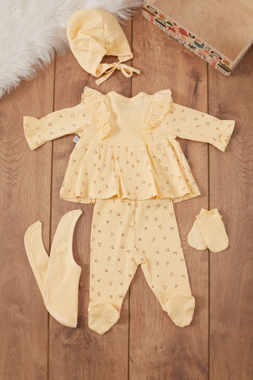 Kız Bebek Sarı Çiçek Desenli Önlüklü 5li Hastane Çıkışı Seti 19481