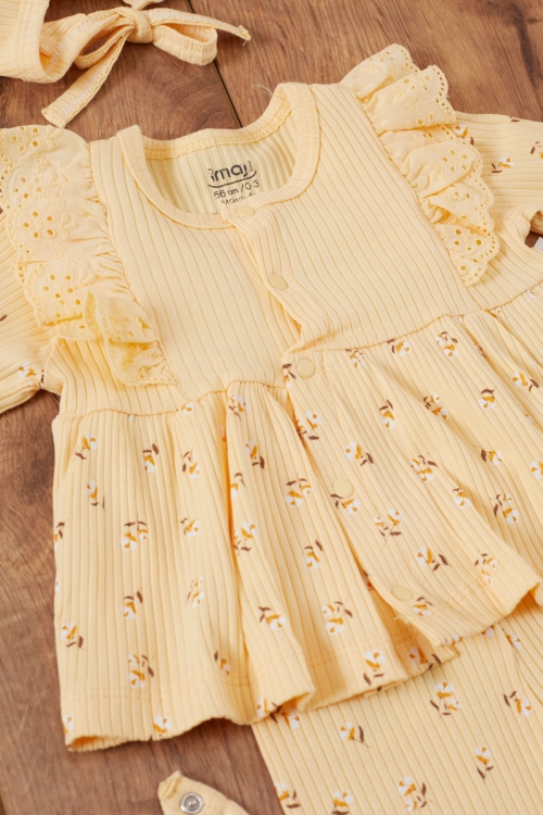 Kız Bebek Sarı Çiçek Desenli Önlüklü 5li Hastane Çıkışı Seti 19481