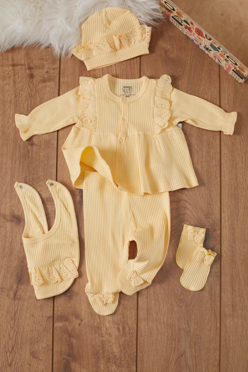 Kız Bebek Sarı Fistolu 5li Şapkalı Hastane Çıkışı Seti 19475