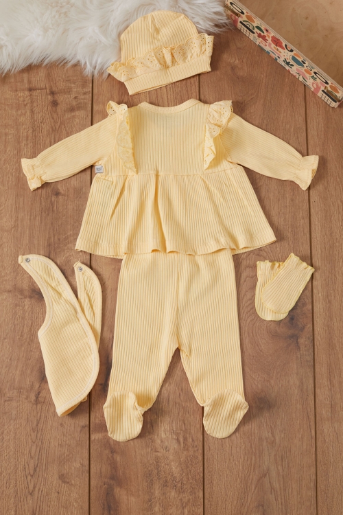 Kız Bebek Sarı Fistolu 5li Şapkalı Hastane Çıkışı Seti 19475