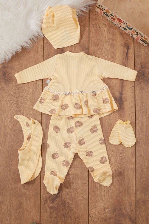 Kız Bebek Sarı Kuzu Desenli Fiyonklu Şapkalı 5li Hastane Çıkışı Seti 19470