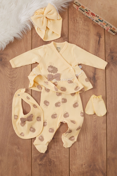 Kız Bebek Sarı Kuzu Desenli Fiyonklu Şapkalı 5li Hastane Çıkışı Seti 19470