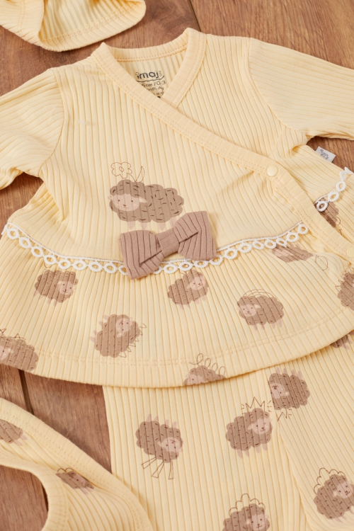 Kız Bebek Sarı Kuzu Desenli Fiyonklu Şapkalı 5li Hastane Çıkışı Seti 19470