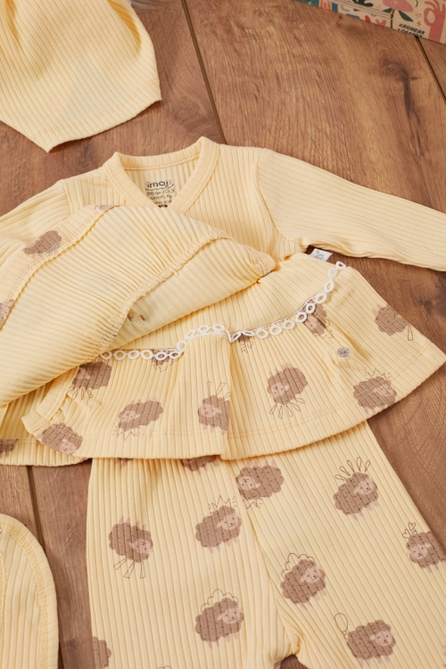 Kız Bebek Sarı Kuzu Desenli Fiyonklu Şapkalı 5li Hastane Çıkışı Seti 19470