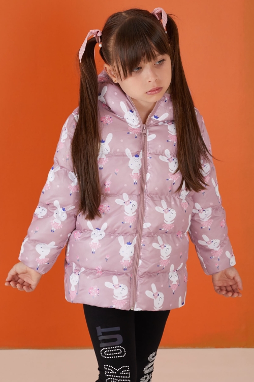 Kız Bebek Sevimli Tavşan Desenli Kapşonlu Şişme Mont 1-5 Yaş 19493