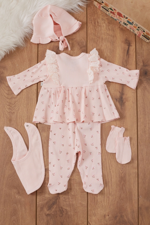 Kız Bebek Somon Çiçek Desenli Önlüklü 5li Hastane Çıkışı Seti 19482