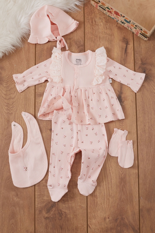 Kız Bebek Somon Çiçek Desenli Önlüklü 5li Hastane Çıkışı Seti 19482