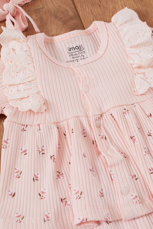 Kız Bebek Somon Çiçek Desenli Önlüklü 5li Hastane Çıkışı Seti 19482